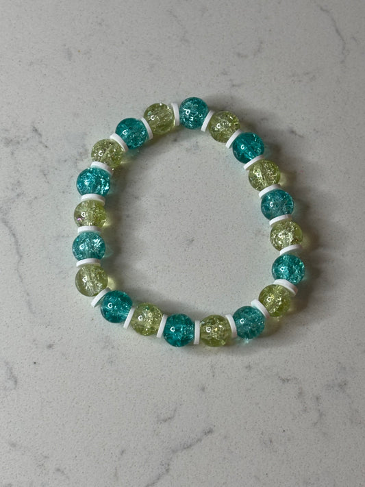 Blue and yellow and white glass and clay beaded bracelet
